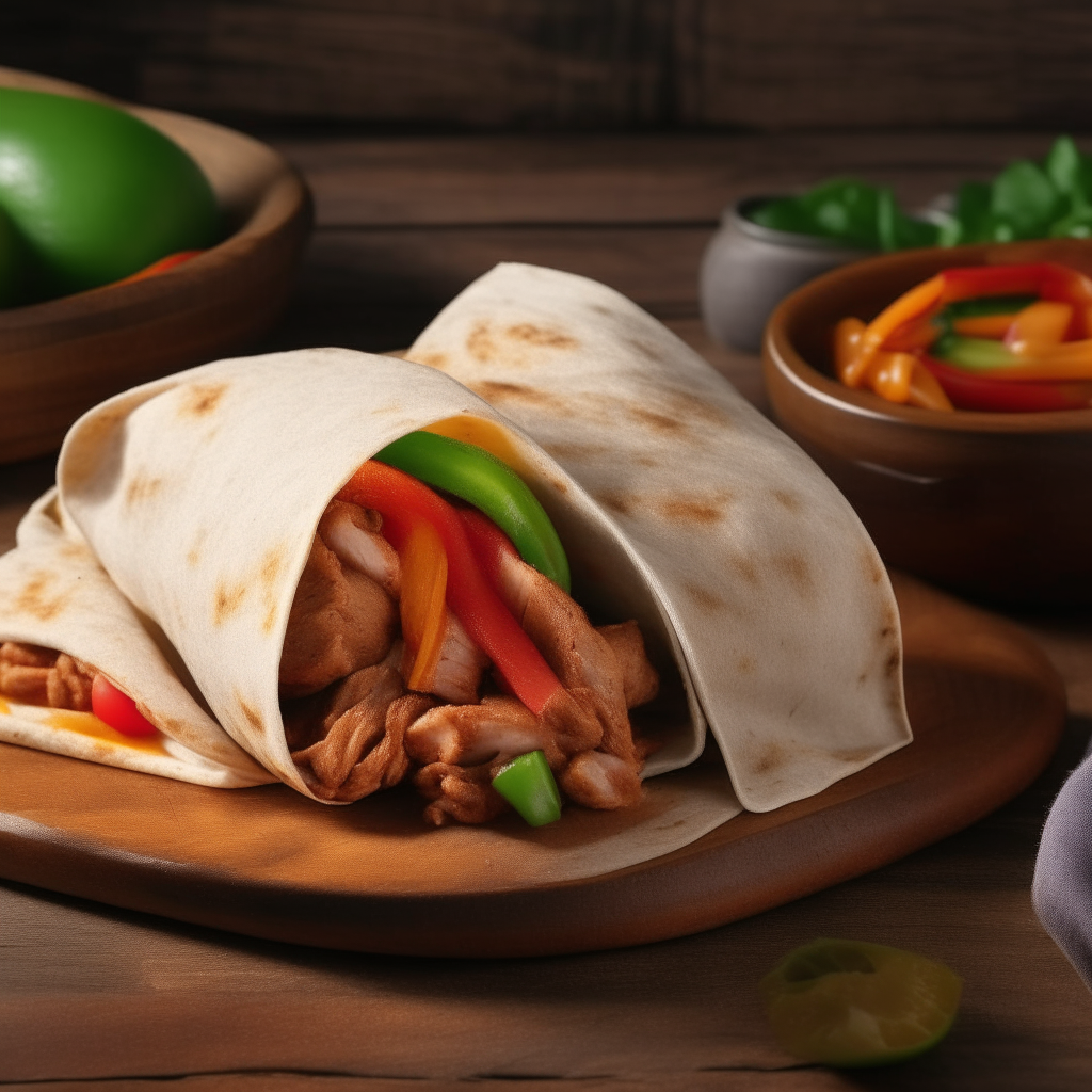 Spicy Chicken Fajita Wrap on a rustic wooden table, wider shot showing the entire plate