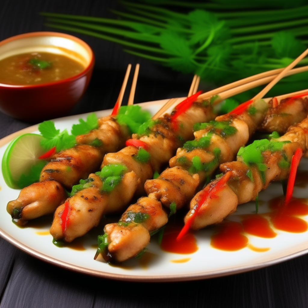 Picture a plate presenting Thai-Style Chicken Skewers, gleaming with a golden-brown glaze from a light brushing of Thai sauce. Each skewer pierces through succulent chunks of chicken, interspersed with vibrant pieces of red and green bell peppers. Served on a bamboo mat, garnished with fresh cilantro and a side of tangy Thai dipping sauce, the image exudes a sense of exotic flavor and culinary adventure.