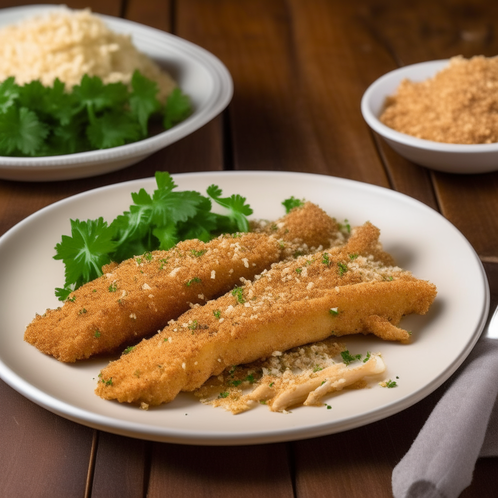 Visualize a plate featuring scrumptious Parmesan Crusted Chicken Tenders, with a golden-brown, crispy Parmesan and breadcrumb coating. Each tender is cooked to perfection, arranged neatly on a sleek, white dish, garnished with a sprinkle of finely chopped fresh parsley and accompanied by a small bowl of marinara sauce for dipping, all on a rustic wooden table.