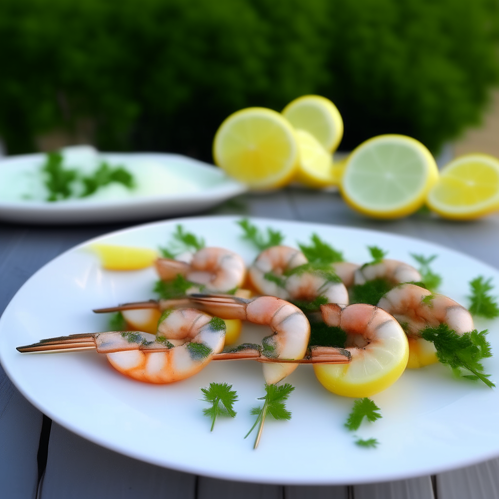 Visualize a plate hosting Lemon Herb Shrimp Skewers, each skewer laden with plump, juicy shrimp that carry a gentle char and glisten with a light lemon-herb glaze. Accompanied by slices of fresh lemon and sprigs of parsley, the skewers are presented on a minimalist white plate, with a background that subtly hints at a breezy, outdoor setting.