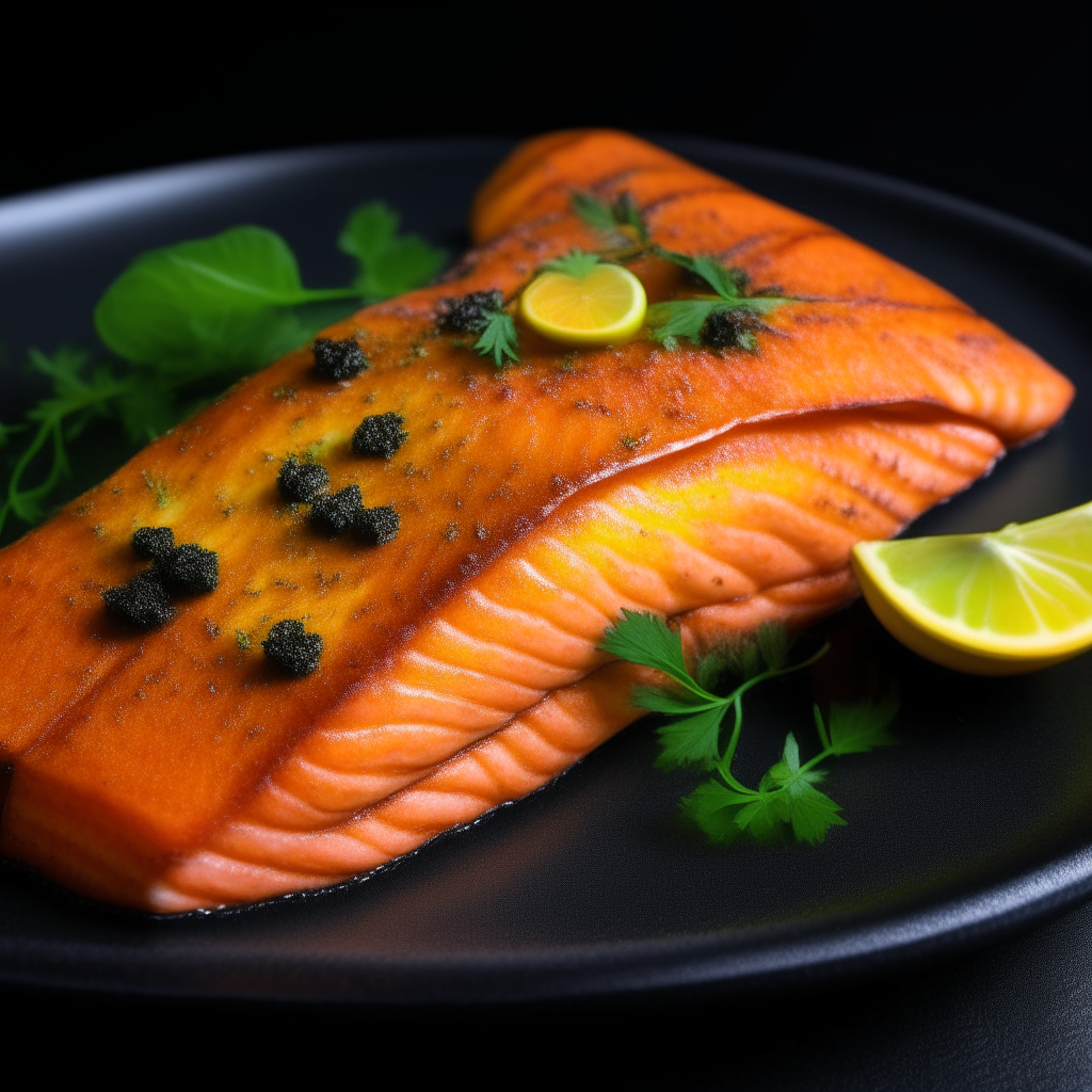 Visualize a close-up of Cajun Spiced Salmon Fillets on a sleek, dark plate. Each fillet boasts a vibrant, golden crust from the Cajun spices, creating a stunning contrast with the tender, pink salmon within. Accented with fresh parsley and lemon wedges, the dish exudes a rustic elegance and the promise of a spicy, flavorful adventure.