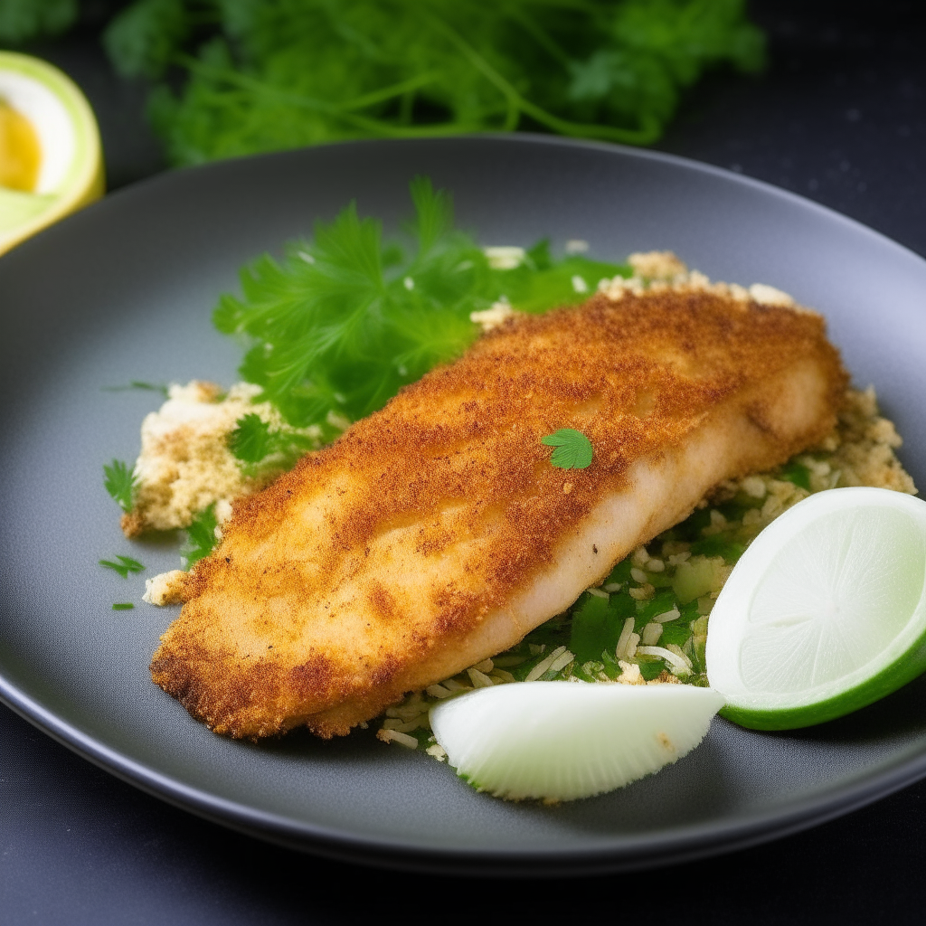 Imagine a beautifully arranged plate featuring Coconut Crusted Tilapia. The fillet has a crispy, golden brown coconut crust with a tender, flaky white fish inside. The plate is garnished with lime wedges and fresh cilantro, all set against a background that subtly fades from light to dark, enhancing the visual focus on the delightful dish.