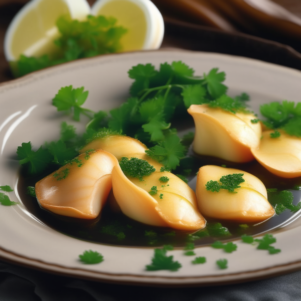 Picture a plate showcasing plump, golden-brown Garlic Butter Scallops arranged neatly in a half-moon shape. Each scallop is seared to perfection with a glossy garlic butter sauce. Fresh parsley and lemon wedges garnish the plate, set against a tranquil, elegant dining backdrop.