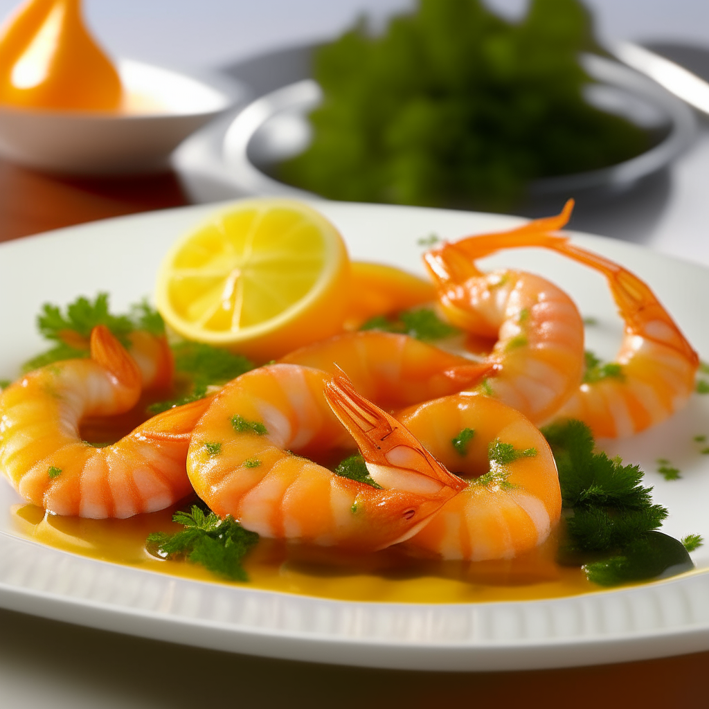 Visualize a vibrant dish of Zesty Orange Glazed Shrimp. The succulent shrimp gleam with a glossy, citrusy glaze, garnished with orange zest and finely chopped fresh parsley. Set on a chic white plate, the shrimp display a tempting, golden-orange hue, suggesting a delightful sweet and tangy flavor profile, with a backdrop that exudes casual elegance.