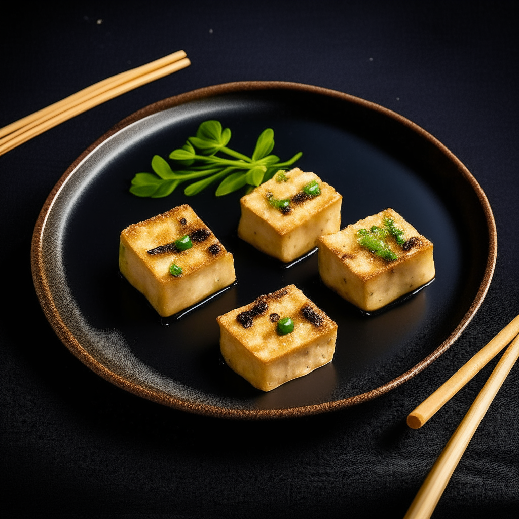 Picture a plate with Crispy Air Fried Tofu: perfectly square tofu pieces with a golden, crispy exterior while maintaining a soft, white interior. Each piece is arranged neatly, garnished with finely chopped green onions and sesame seeds. The plate sits on a dark, elegant surface with a pair of chopsticks, creating an aesthetic visual for a delightful vegetarian dish.