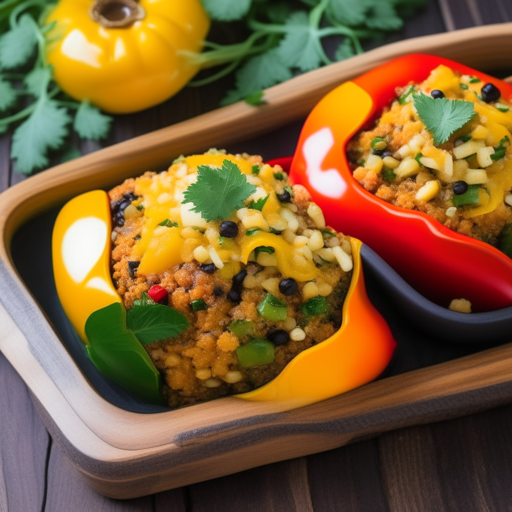 Visualize brightly colored bell peppers—red, yellow, and green—each generously stuffed with a hearty mixture of cooked quinoa, black beans, corn, and diced tomatoes, garnished with melted cheese on top and fresh cilantro. The peppers are placed in a baking dish, presented with vibrant contrast and appeal against a rustic, wooden tabletop.