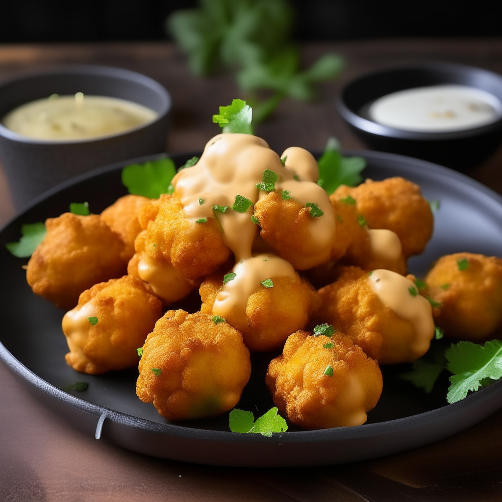 Imagine a plate full of Spicy Cauliflower Wings. Each cauliflower floret is coated with a crispy, golden layer of spiced batter, creating the appearance of traditional wings but with a vegetarian twist. They're accompanied by a creamy dipping sauce and fresh celery sticks, all set against a vibrant, casual dining backdrop.