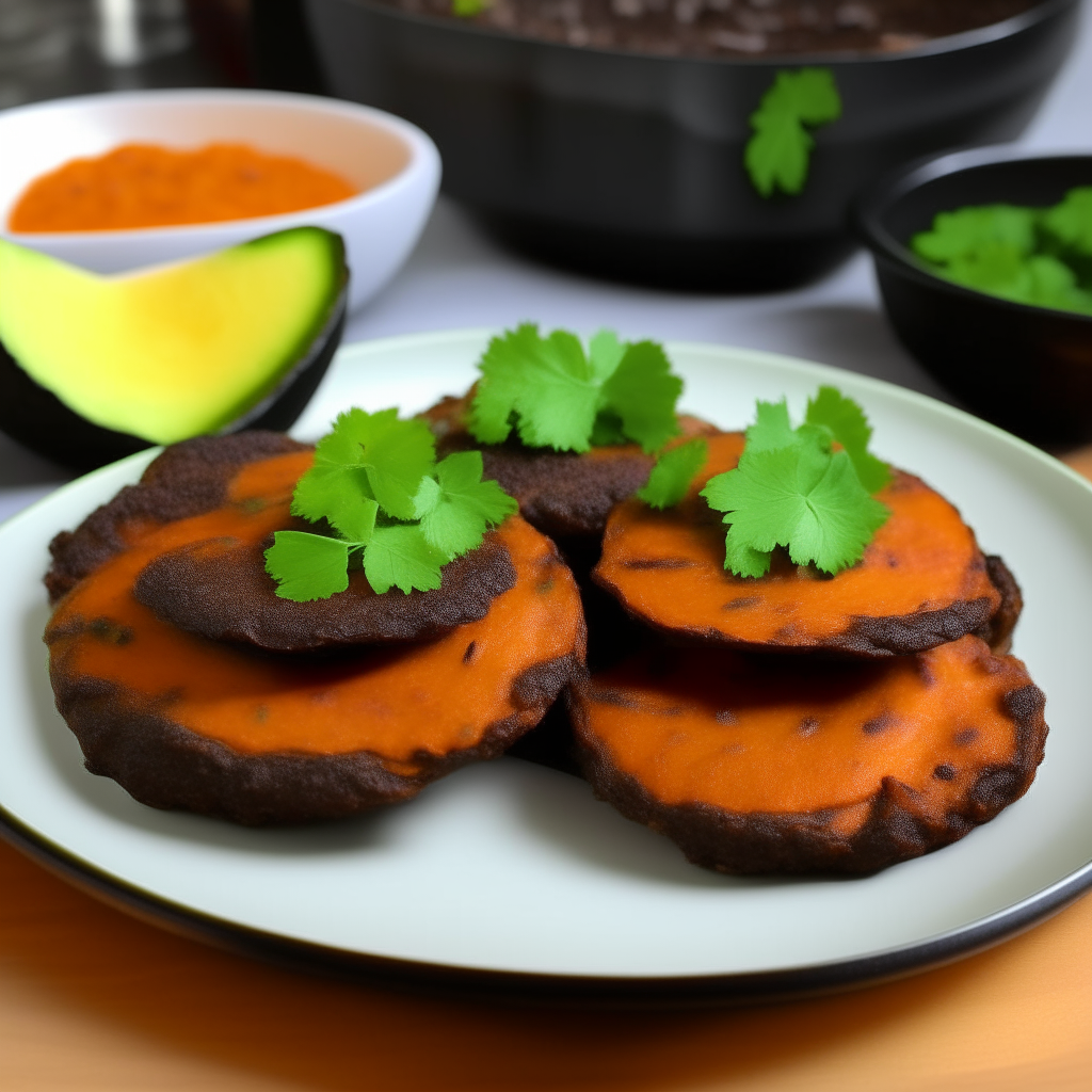 Visualize perfectly round, golden-brown patties served on a white plate, each made from a delightful mixture of mashed sweet potatoes and black beans. The patties have a crispy exterior, revealing a vibrant orange and black interior when cut. They’re garnished with fresh coriander leaves and accompanied by a side of cool, creamy avocado dip.