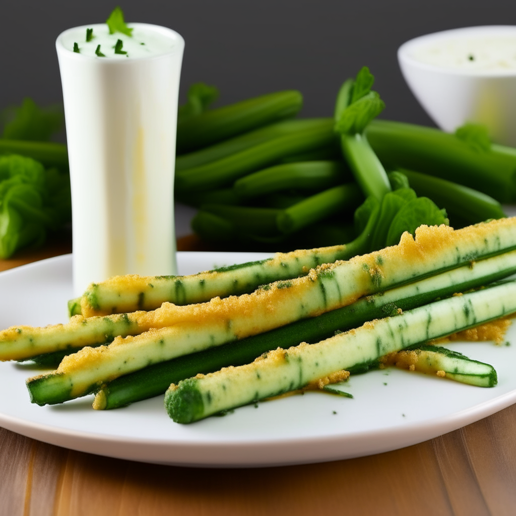 Visualize Crunchy Zucchini Fries arranged neatly on a modern, white serving plate. These fries have a golden, crispy exterior, contrasted by the vibrant green of fresh zucchini visible at the ends. The plate is garnished with a sprinkle of finely chopped parsley and served with a side of creamy ranch dressing for dipping, creating an inviting and tantalizing presentation.