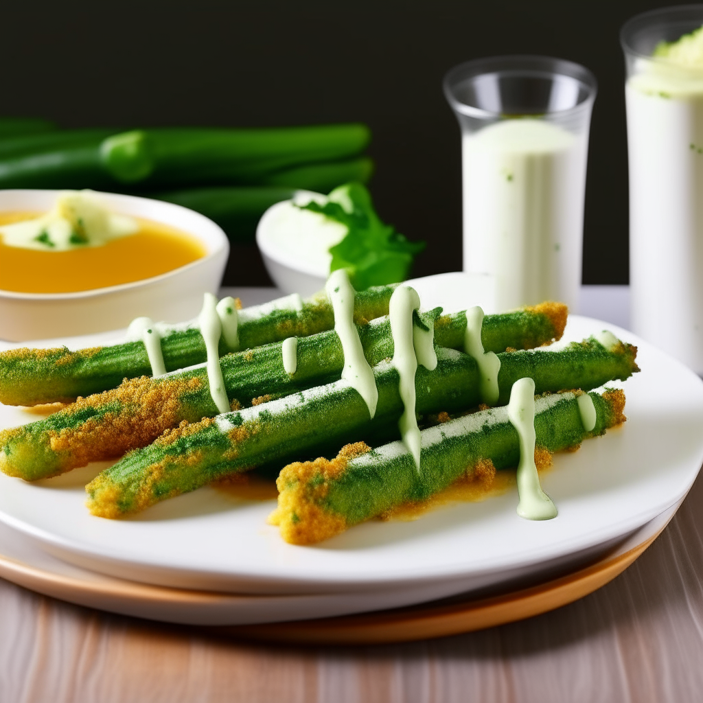 Visualize Crunchy Zucchini Fries arranged neatly on a modern, white serving plate. These fries have a golden, crispy exterior, contrasted by the vibrant green of fresh zucchini visible at the ends. The plate is garnished with a sprinkle of finely chopped parsley and served with a side of creamy ranch dressing for dipping, creating an inviting and tantalizing presentation.