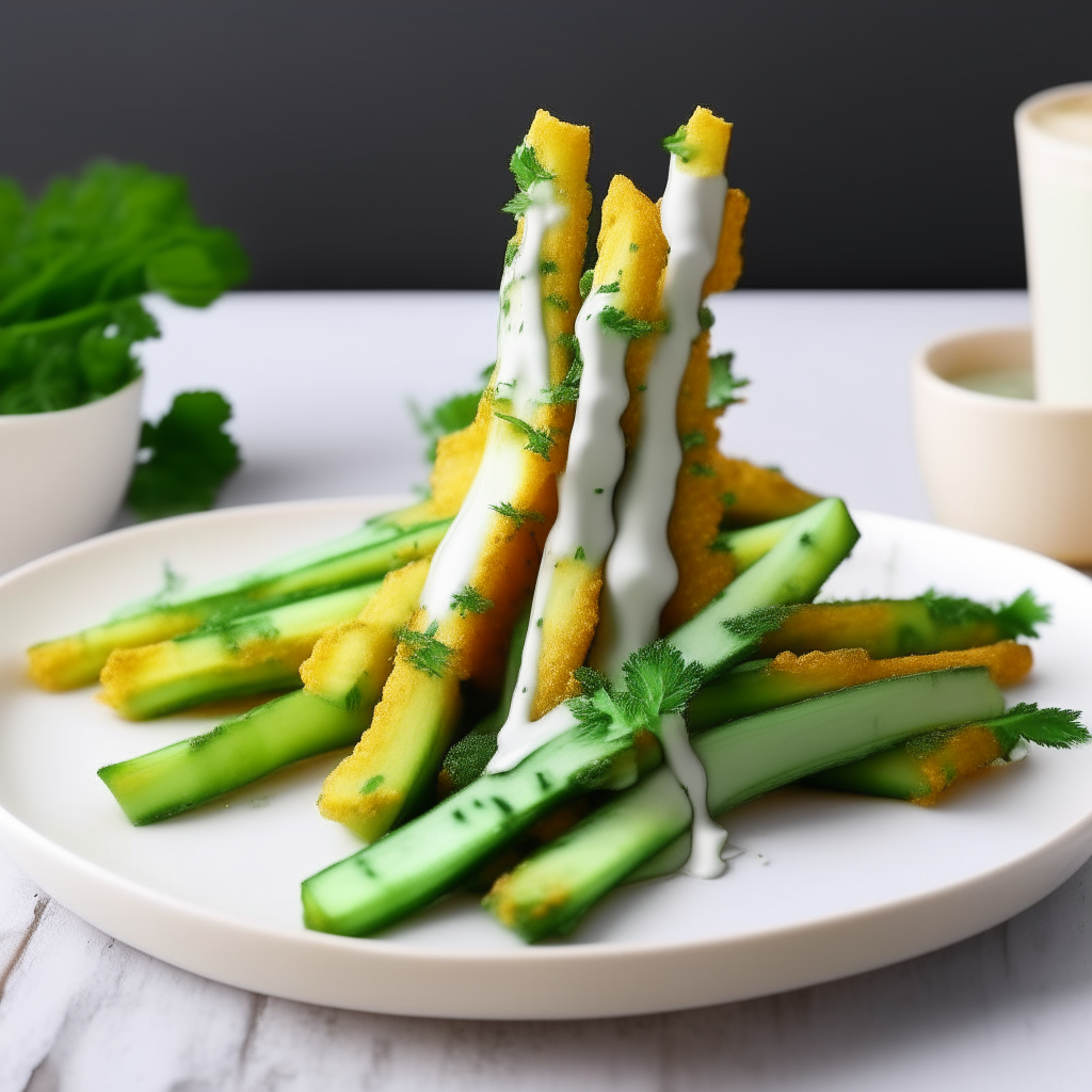 Crunchy zucchini fries arranged neatly on a modern white plate. The fries have a golden, crispy exterior and vibrant green zucchini inside. The plate is garnished with chopped parsley and served with creamy ranch dressing for dipping.