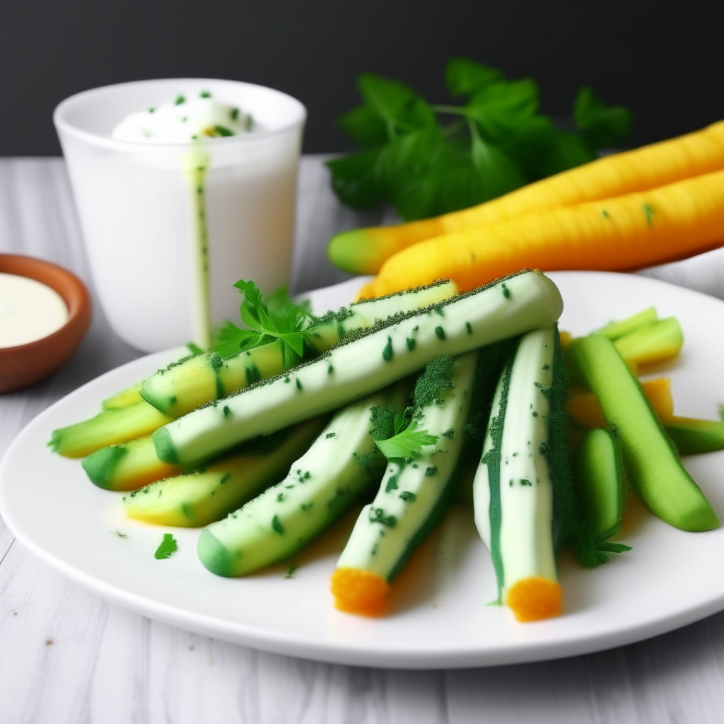 Crunchy golden zucchini fries arranged neatly on a white plate, with vibrant green zucchini inside. Garnished with parsley and served with creamy ranch dressing.