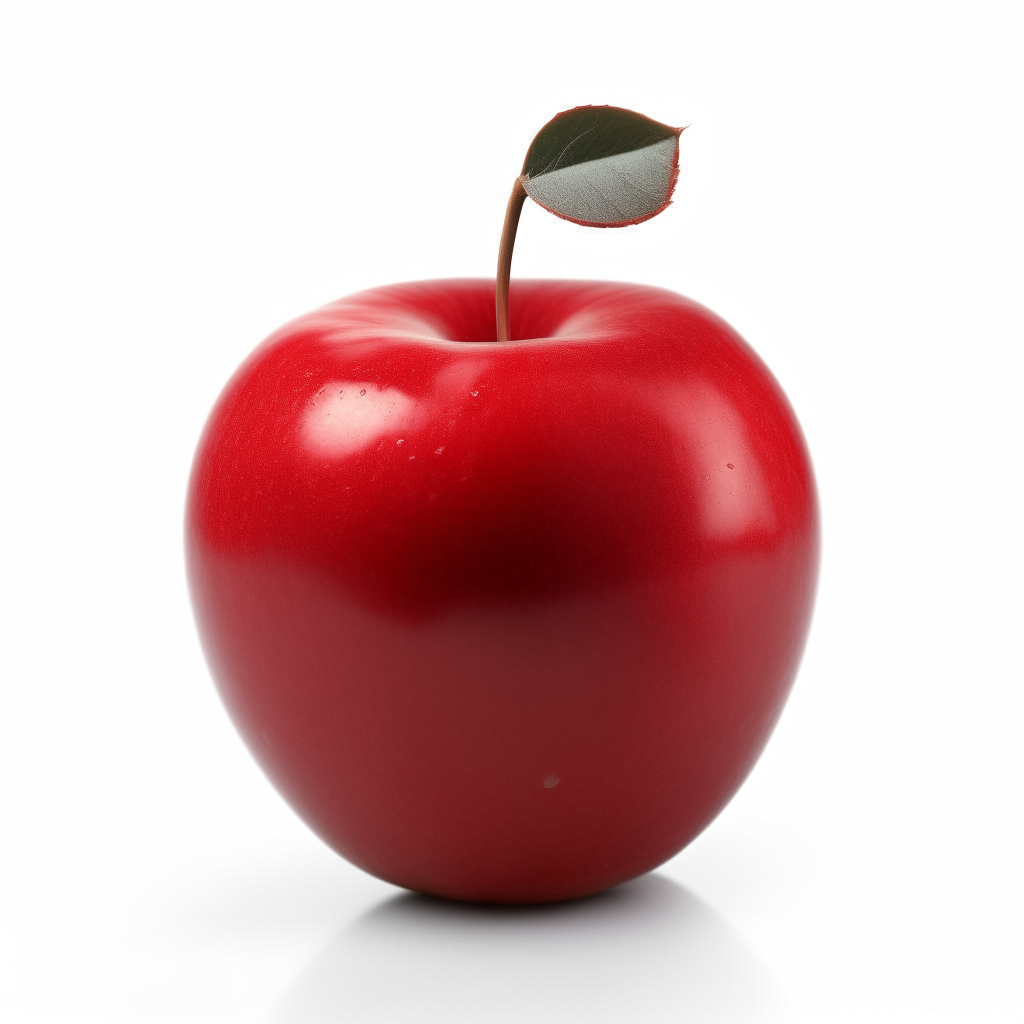 A red apple with a stem and leaf on a white background