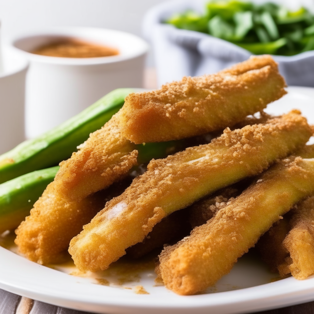 A photo of freshly fried zucchini fries on a white plate. The fries are coated in a light, crispy breading and have visible seasoning. They are piled high and look very appetizing.