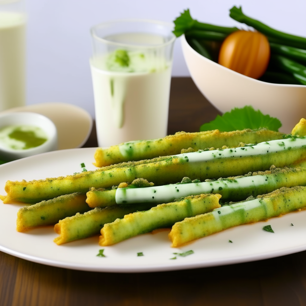 Visualize Crunchy Zucchini Fries arranged neatly on a modern, white serving plate. These fries have a golden, crispy exterior, contrasted by the vibrant green of fresh zucchini visible at the ends. The plate is garnished with a sprinkle of finely chopped parsley and served with a side of creamy ranch dressing for dipping, creating an inviting and tantalizing presentation.