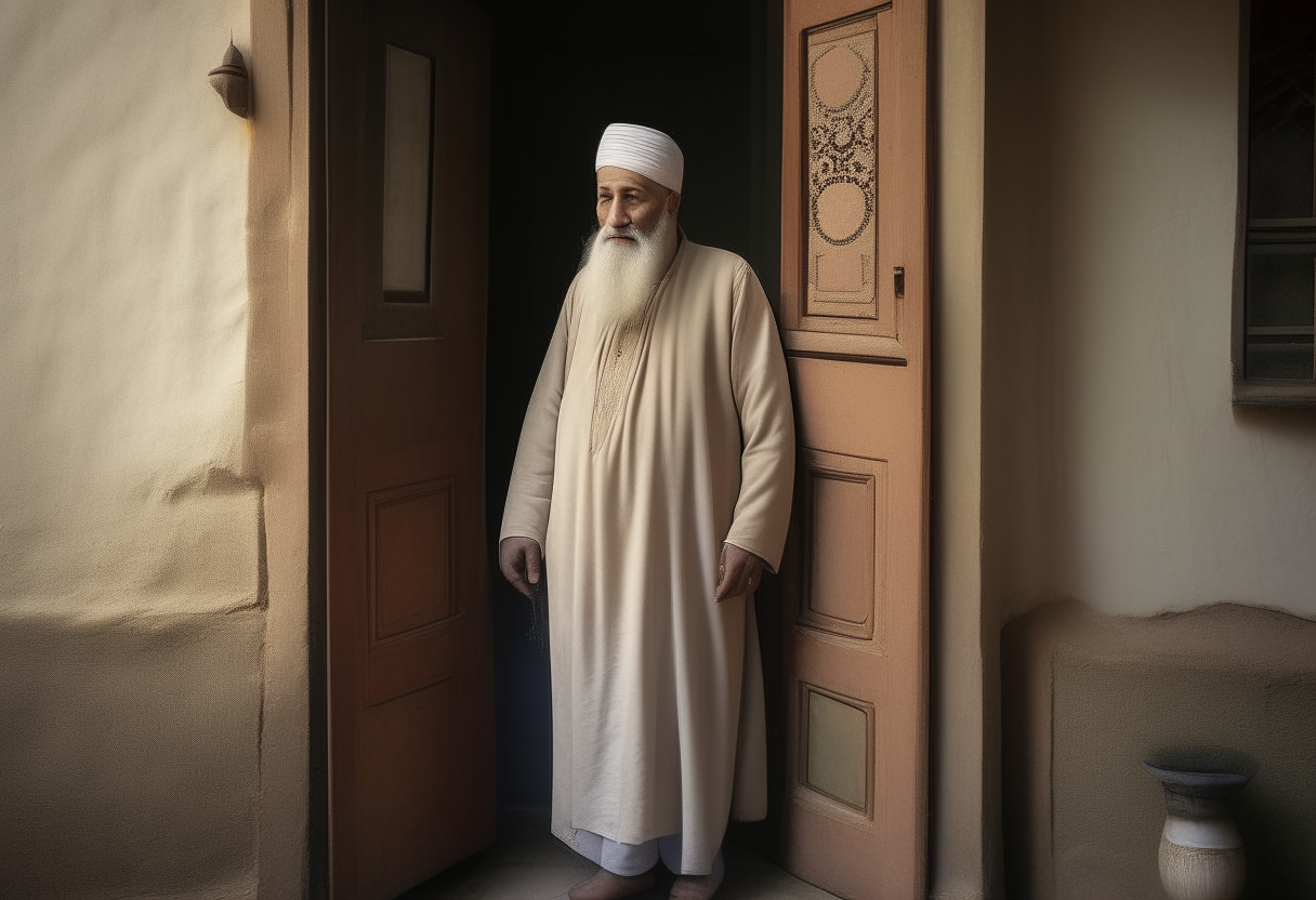 a man with dervish clothes at the door of a house 