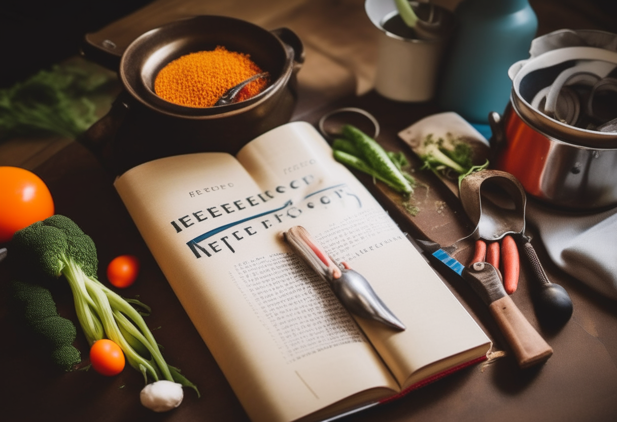 a close up view of two wedding rings sitting atop a wooden cutting board with assorted vegetables, a whisk, measuring spoons, and an open cookbook titled 'Recipes for Newlyweds' in a retro font style