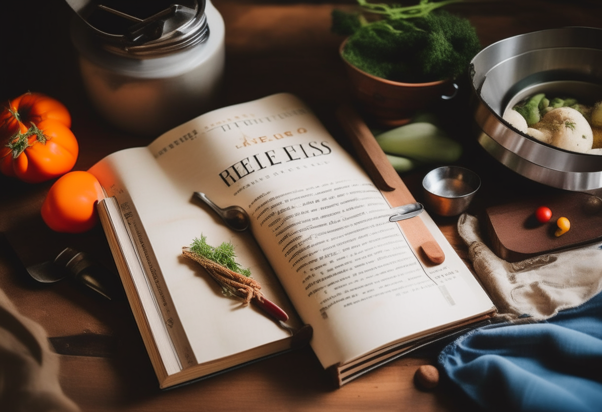 a close up view of two wedding rings sitting atop a wooden cutting board with assorted vegetables, a whisk, measuring spoons, and an open cookbook titled 'Recipes for Newlyweds' in a retro font style