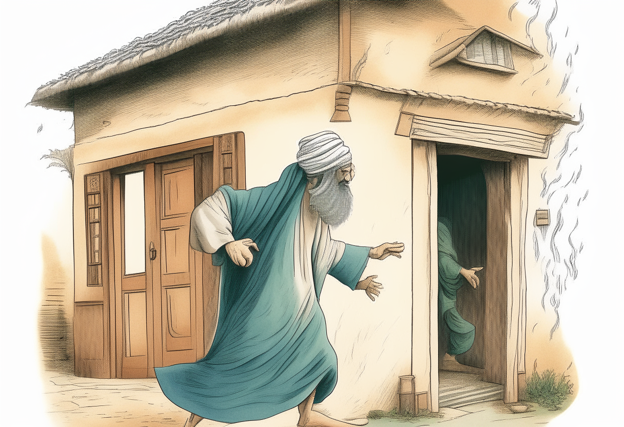  A man Word dervishes clothes knocking a house 