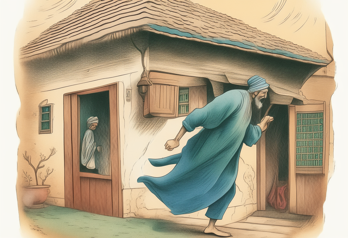  A man Word dervishes clothes knocking a house 