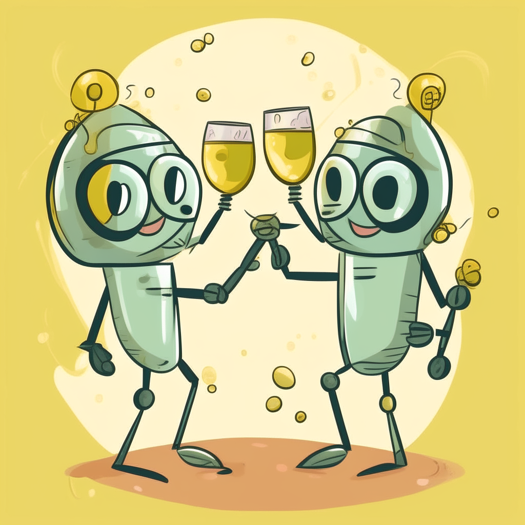 Two champagne glasses with arms, legs, eyes, and mouths depicted in a cartoon style, clicking together in a cheerful toast, inspired by the cover art of The Proposal book by Jasmine Guillory