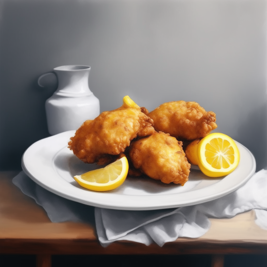 a white plate topped with fried chicken next to lemons, oil painting