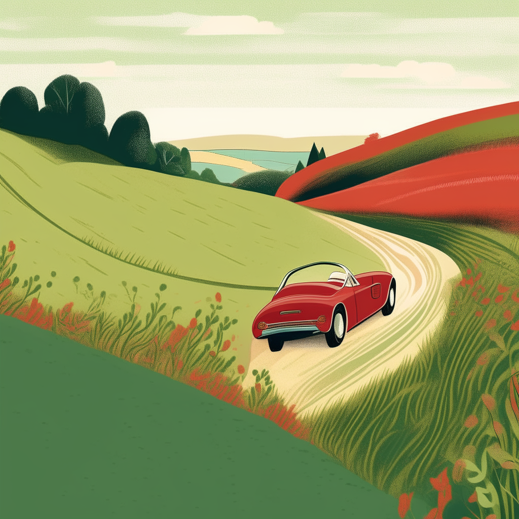 A side view illustration of a red convertible car driving away down a winding road through a grassy meadow on the way to a wedding, drawn in a whimsical hand illustrated style