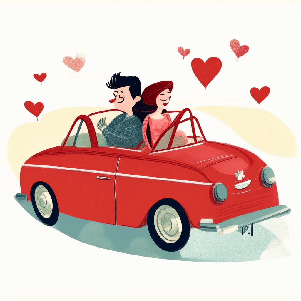 An illustration of a couple riding in a convertible car with a big red heart on the back, drawn in a whimsical hand-illustrated style