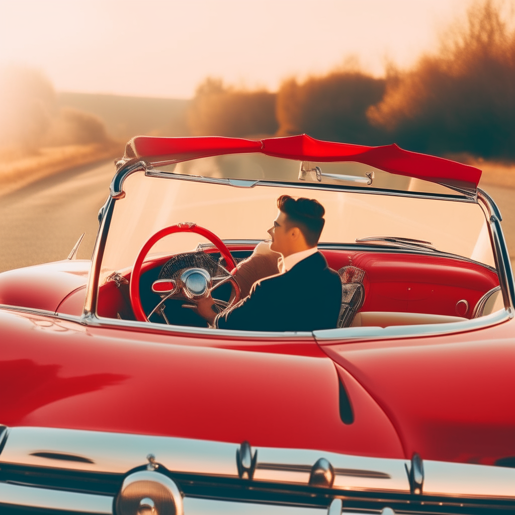 a couple riding in a 1950s retro style convertible with a big red heart on the back