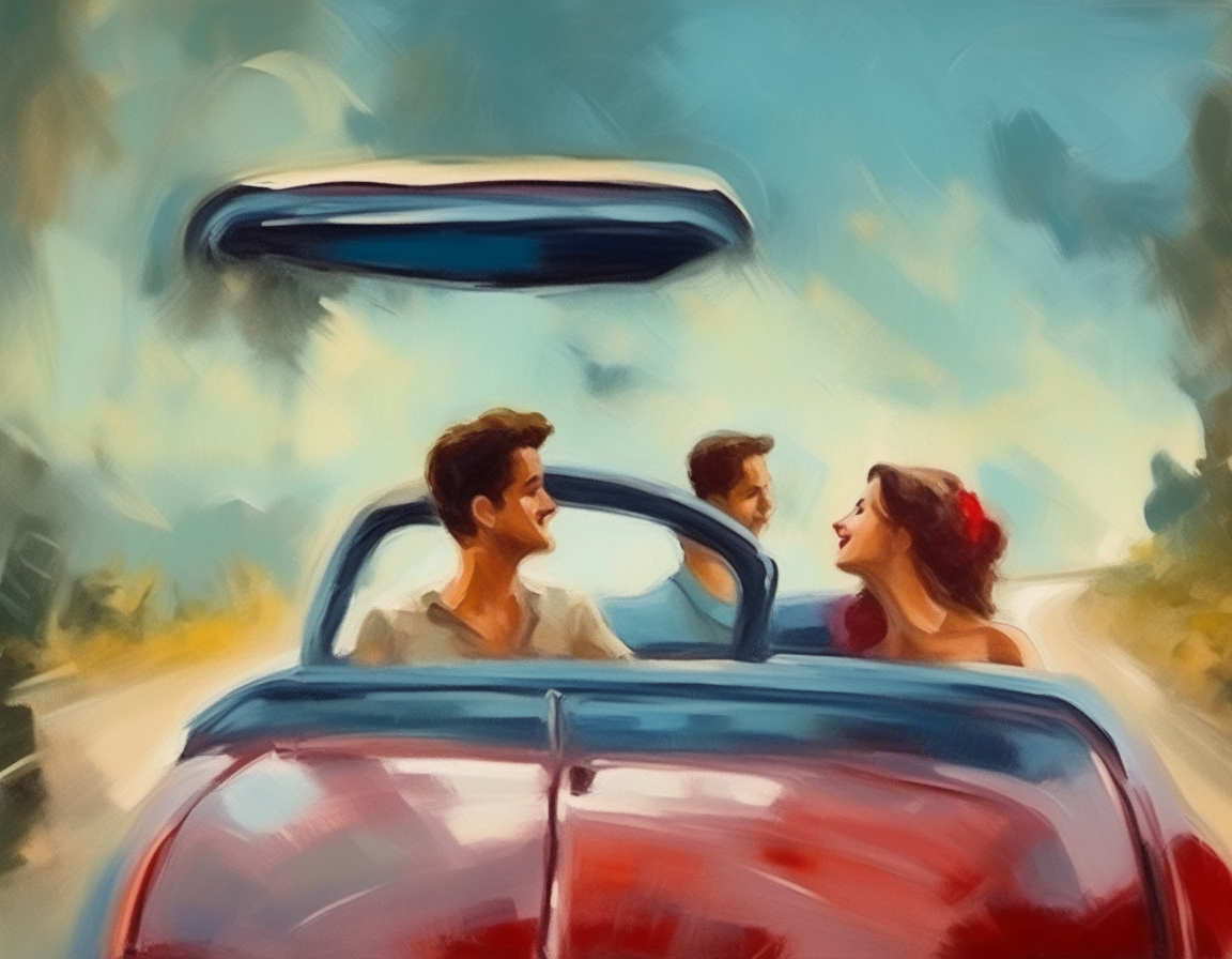 a couple riding in a car with a heart on the back, impressionist oil painting style