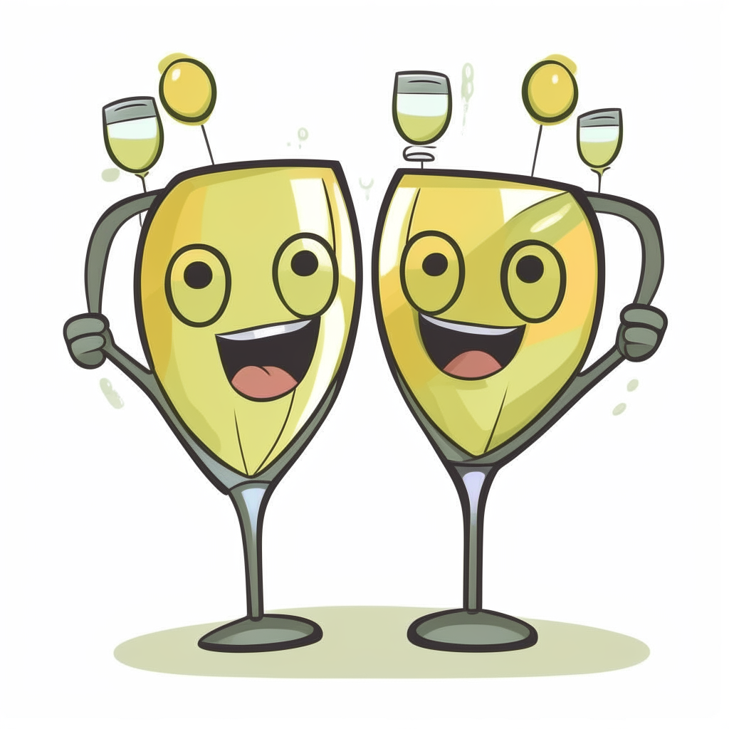 Two cartoon champagne glasses with arms and faces cheering and clinking together