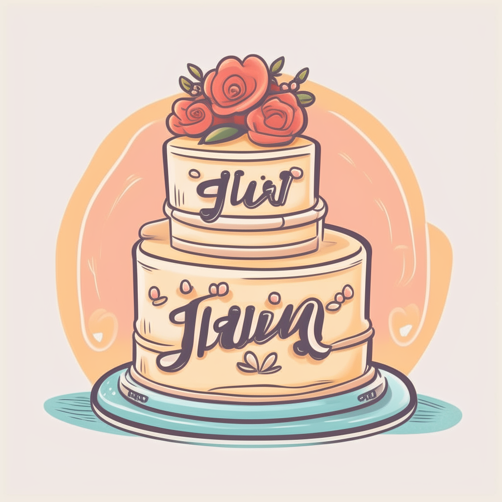 A cartoon style illustration of a three tier wedding cake with a topper that says Just Married