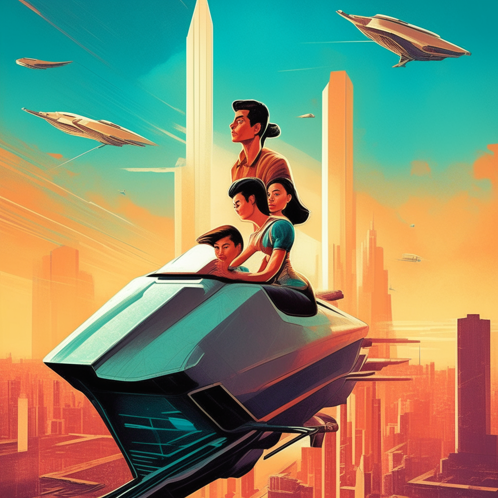 a retro futuristic book cover with a couple riding in a flying car over a cityscape, digital art