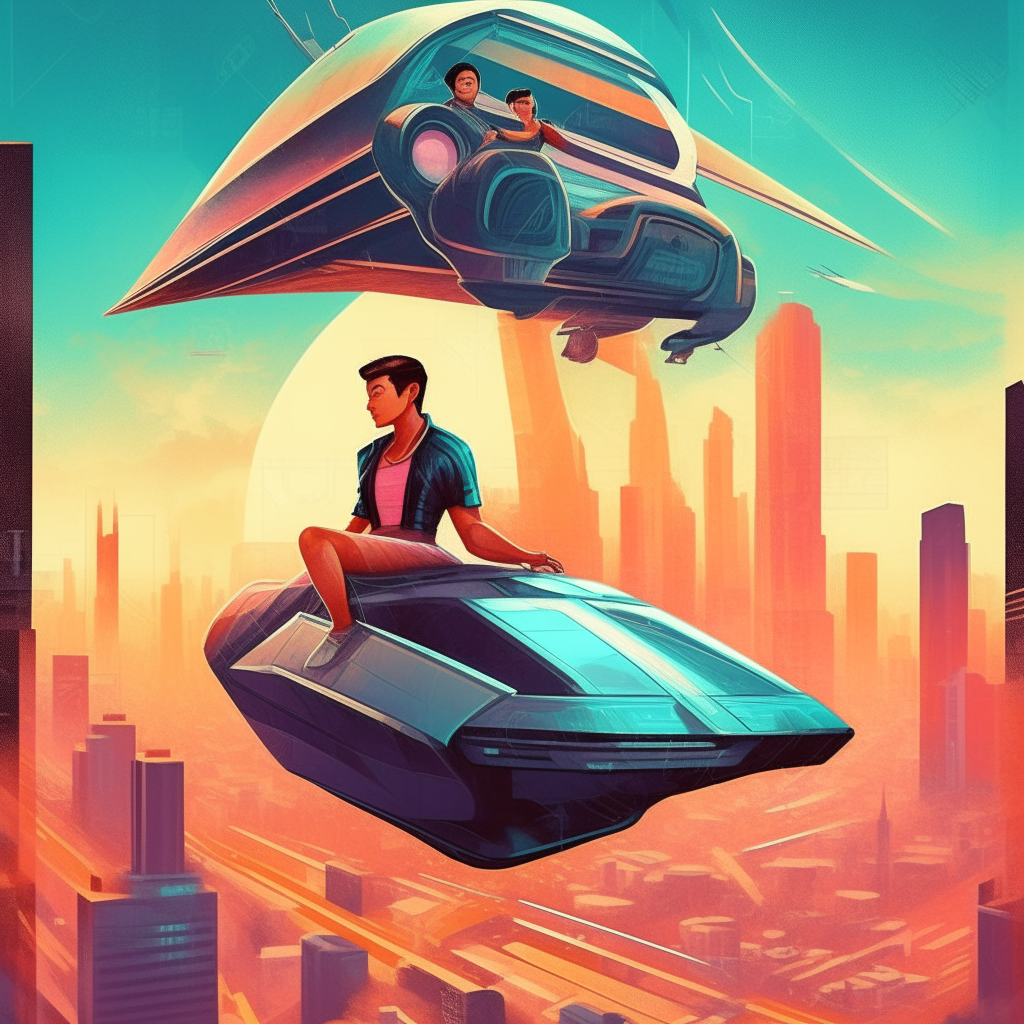 a retro futuristic book cover with a couple riding in a flying car over a cityscape, digital art illustration