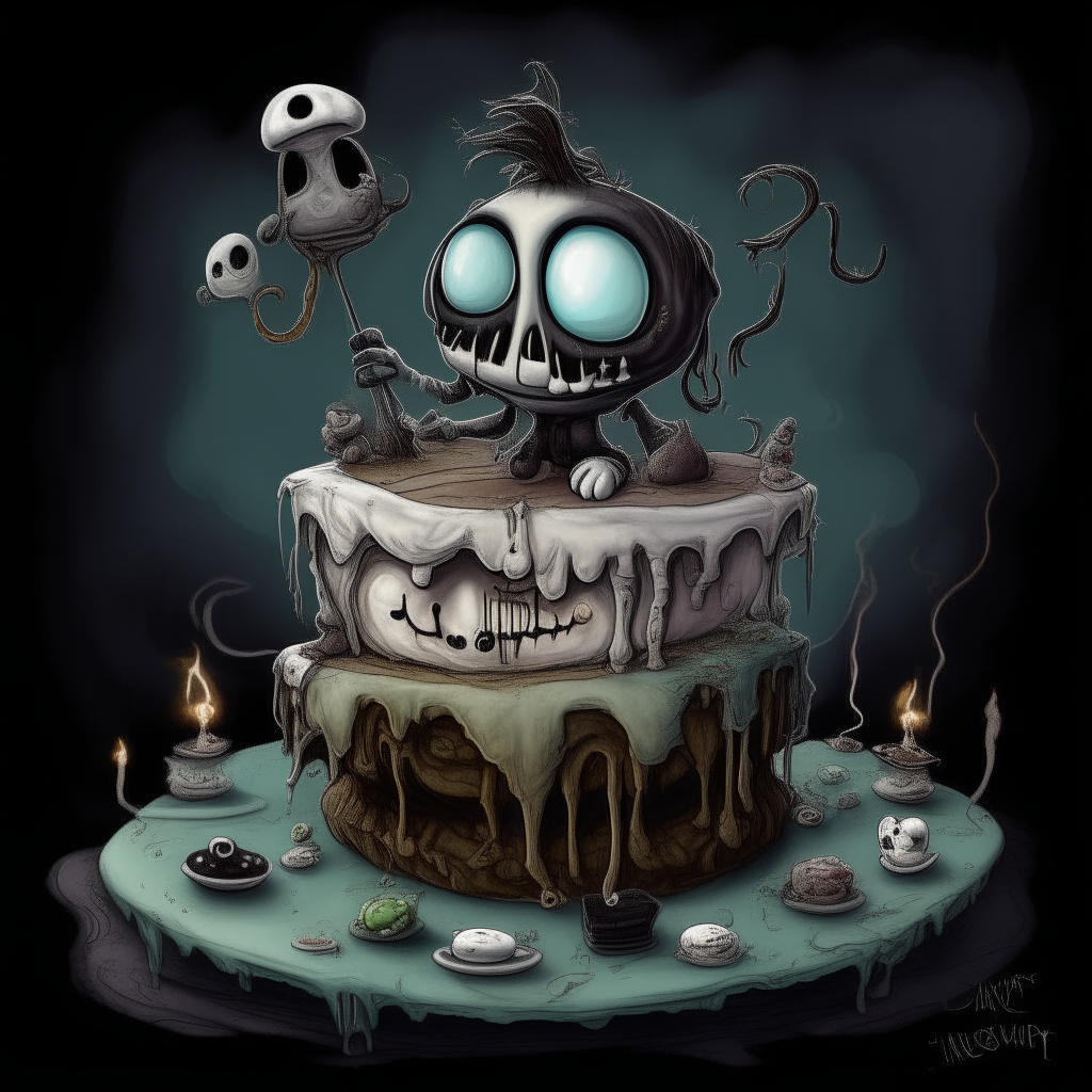 The cake in Tim Burton style, highly detailed digital painting