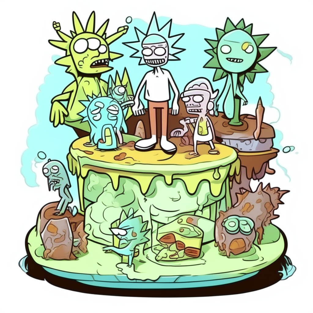 The cake in Rick and Morty style, a cartoon illustration