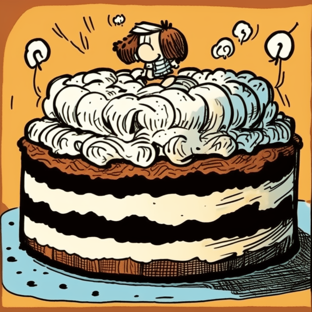 The cake in Peanuts style, a comic strip illustration