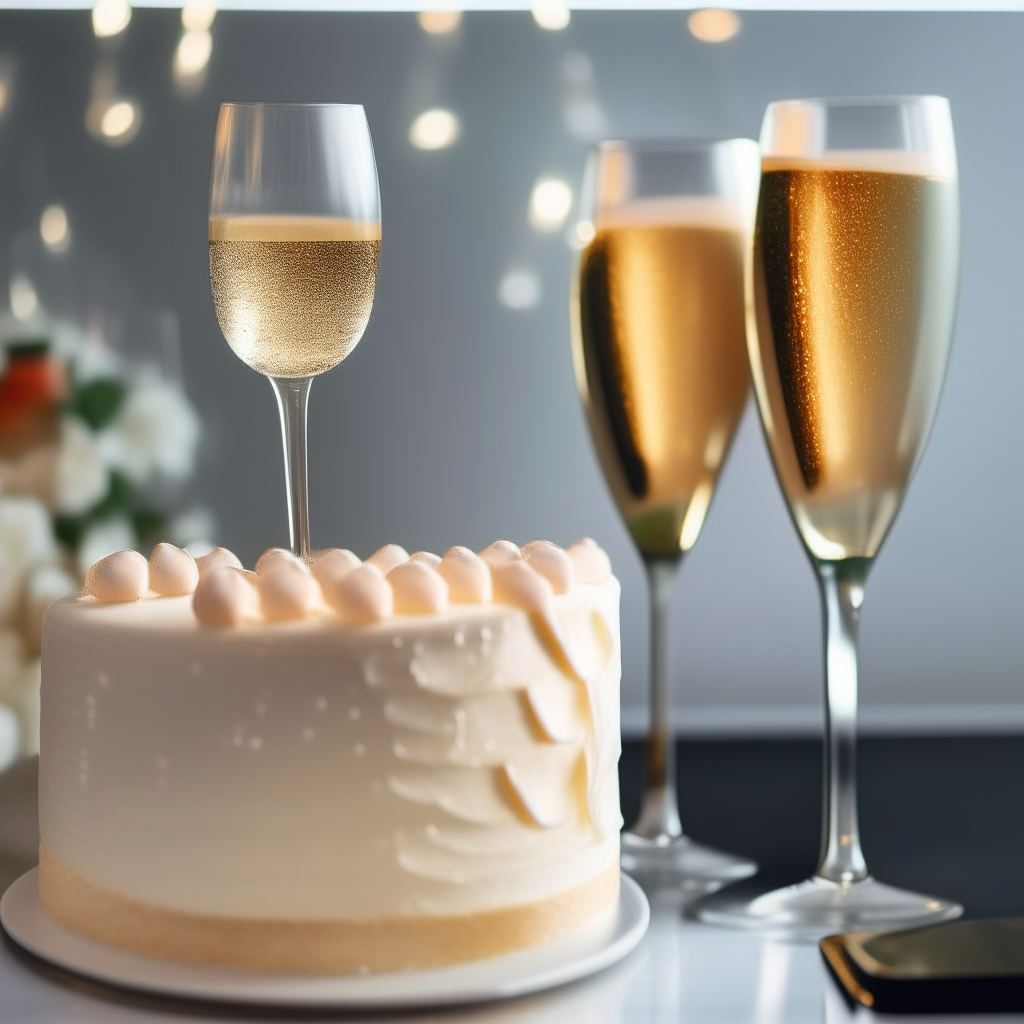 a close up of the cake with two champagne glasses