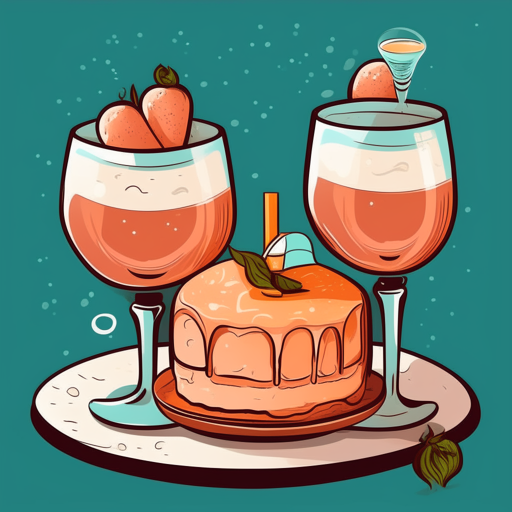 a cartoon style illustration of a cake with two champagne glasses