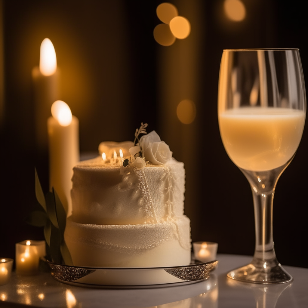 a close up photo of a white wedding cake with two champagne glasses next to it, soft lighting