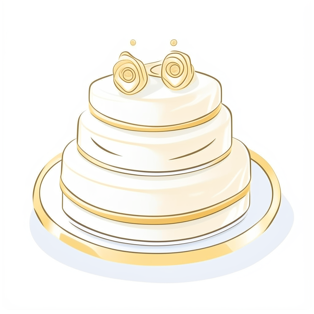 cartoon drawing of a three tier wedding cake with two gold wedding rings and a diamond on top against a white background