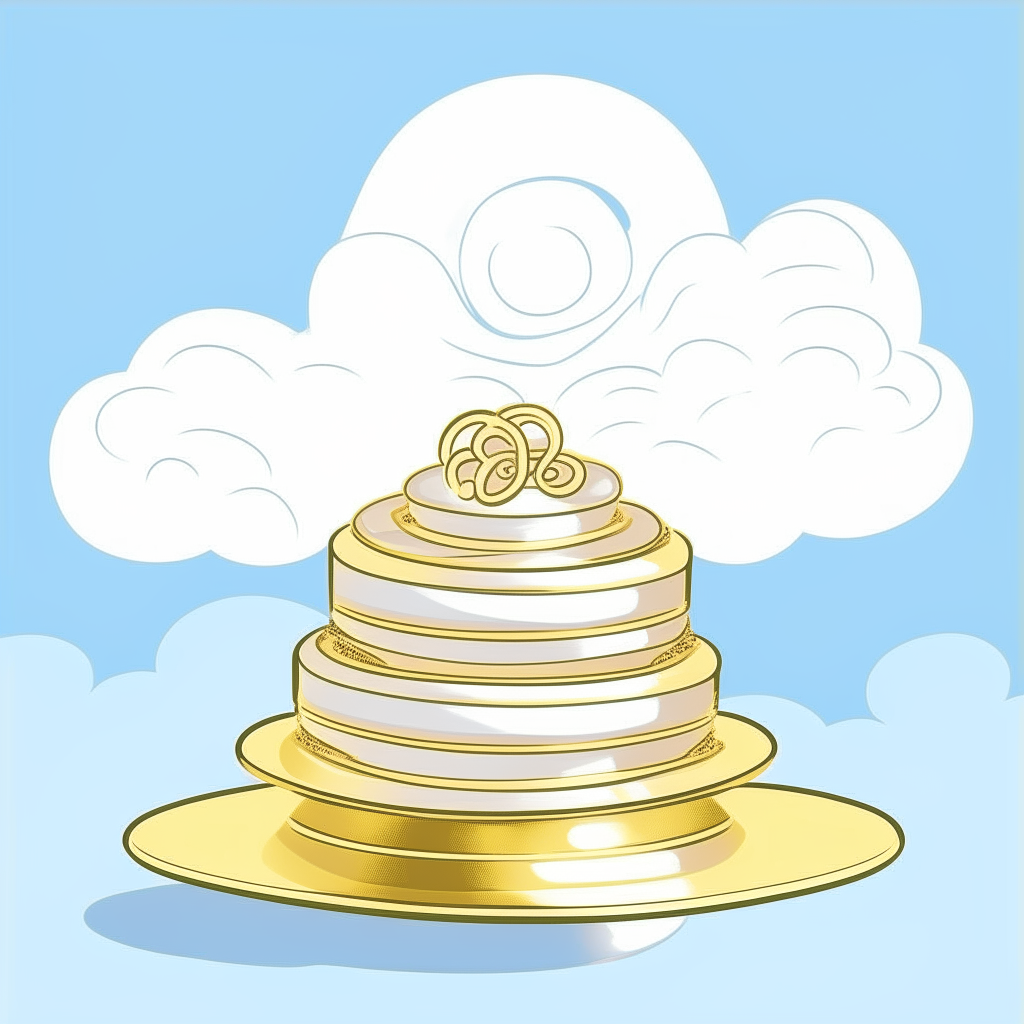 cartoon drawing of a three tier wedding cake with two gold wedding rings and a diamond on top against a sky blue background