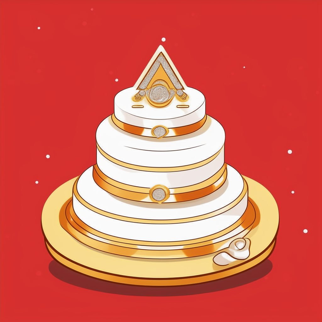 cartoon drawing of a three tier wedding cake with two gold wedding rings and a diamond on top against a red background