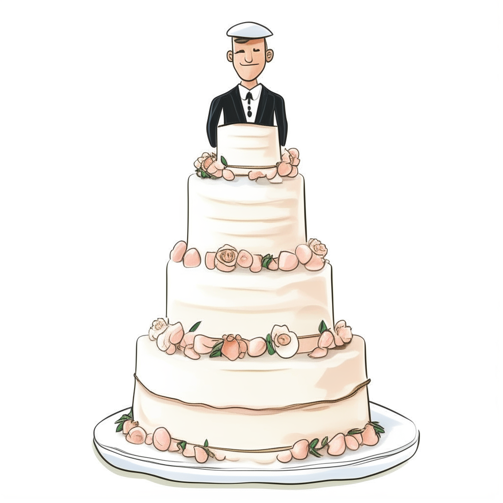 cartoon drawing of a three tier wedding cake with a bride and groom figurine on top against a white background