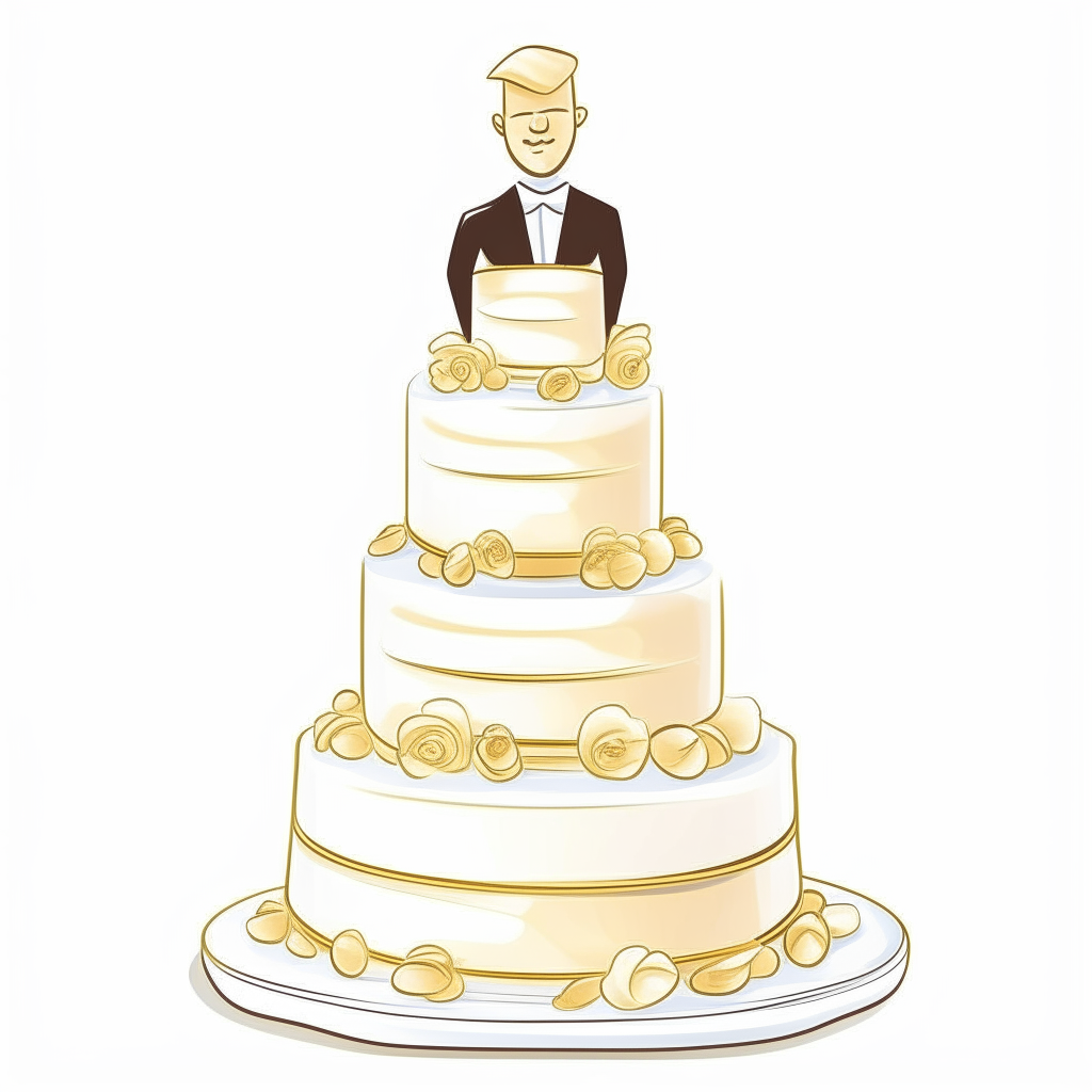 cartoon drawing of a three tier wedding cake with a gold wedding ring with a diamond on top against a white background