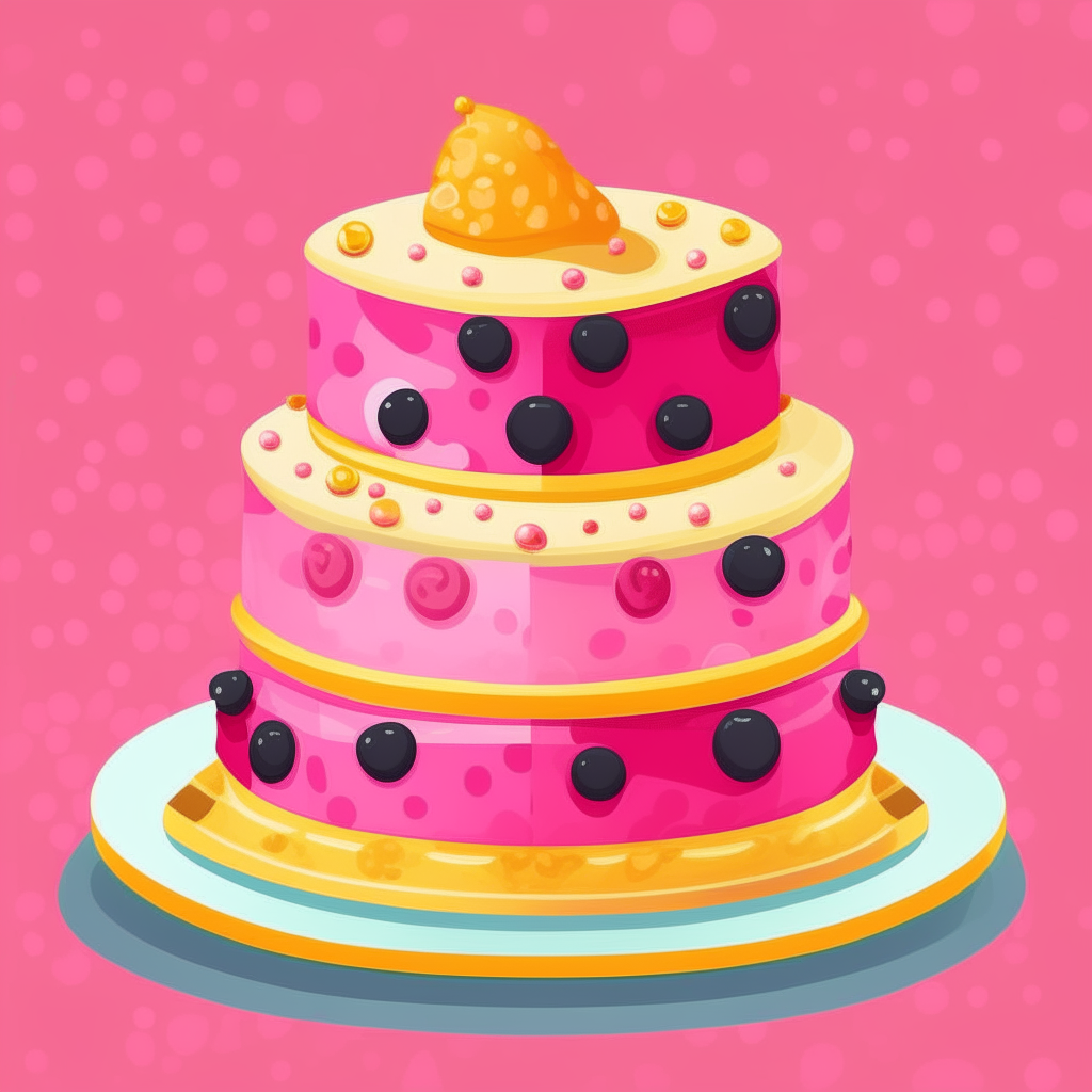 A cartoon wedding cake with bright pink frosting, decorated with white dots. A gold wedding ring sits on top of the cake.