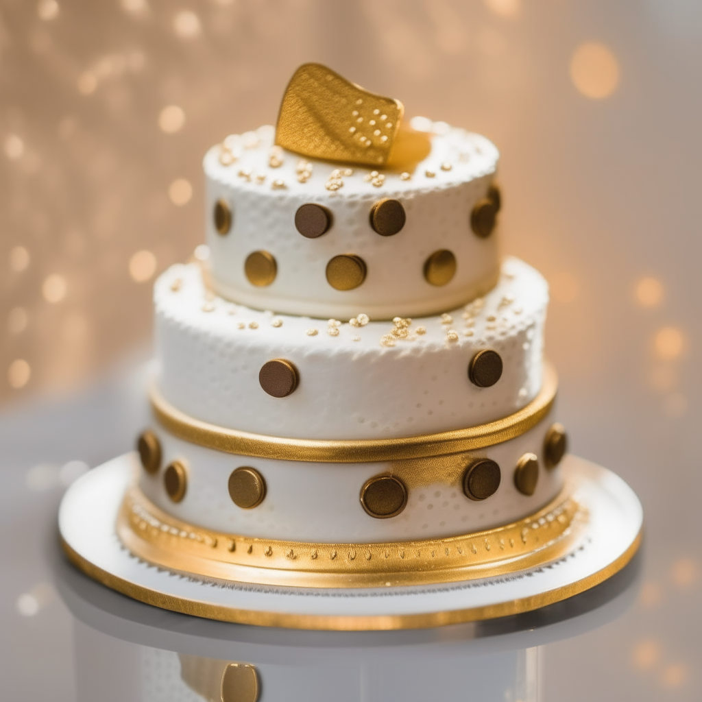 A white wedding cake with gold frosting, decorated with gold dots. A gold wedding ring sits on top.