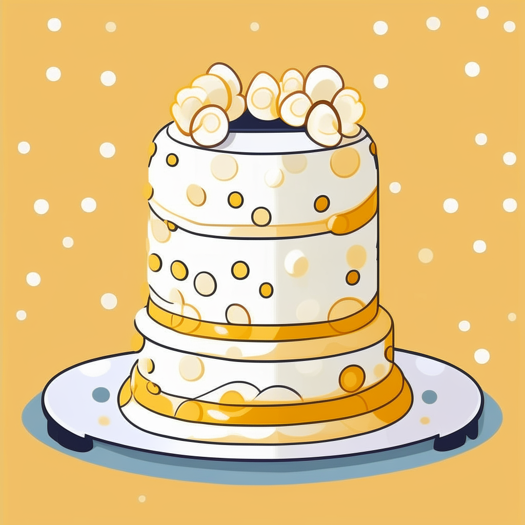 A cartoon white wedding cake with gold frosting, decorated with dots. A gold ring on top. Thick outlines, flat colors, rounded shapes.