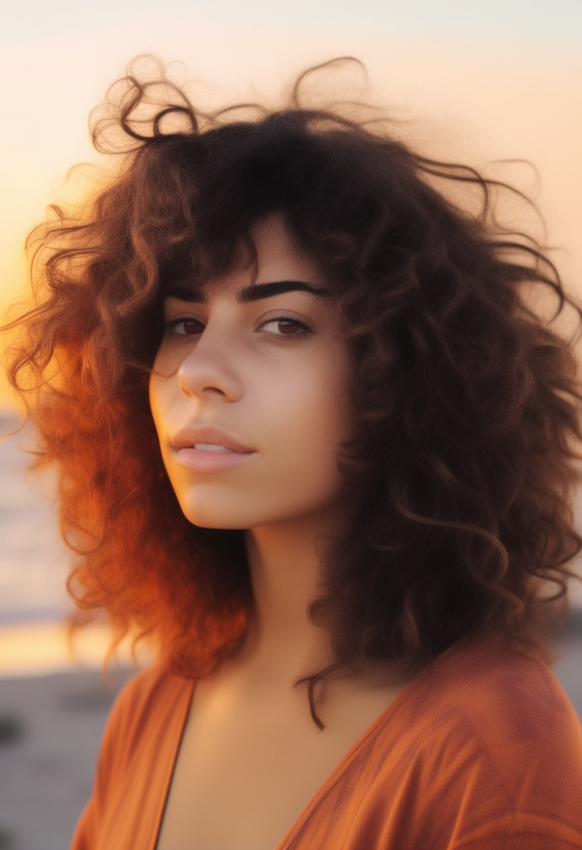 Create a brunette curly girl with the sunset on the beach