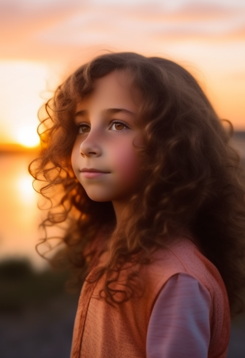 Raise a nine-year-old brunette-colored girl with curly hair at sunset